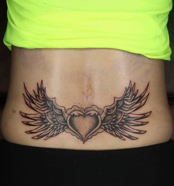 Heart with Wings Tattoo on Lower Back for Women