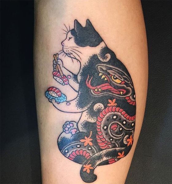 Japanese Cat Tattoo Design