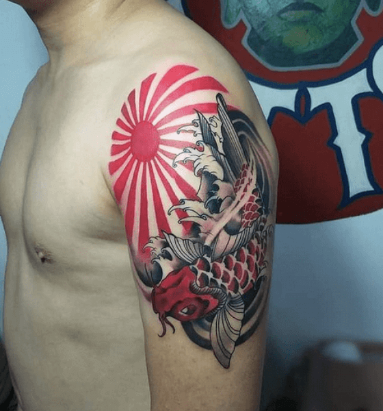 Japanese koi fish with rising sun tattoo designs