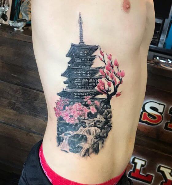 Pagoda with Cherry Blossom Tattoo Designs on Rib