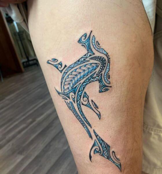 Polynesian Style Shark Tattoo on Thigh