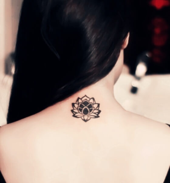 Pretty Black Lotus Flower Tattoo on Nape