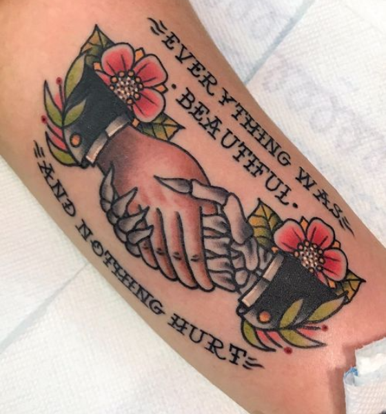 Quote Tattoo with American Traditional Shake Hand Tattoo