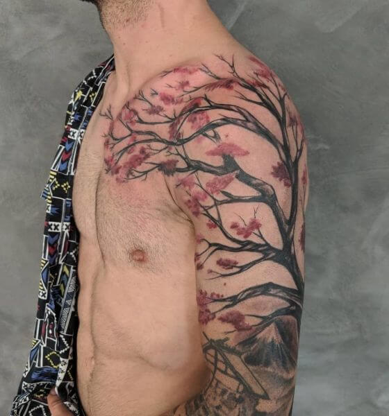 Realistic Cherry Blossom Tree Tattoo on Shoulder
