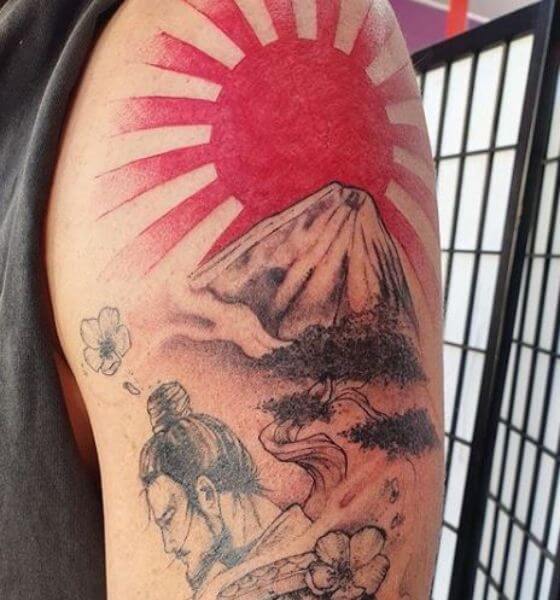 Realistic Rising Sun Tattoo Design on Shoulder