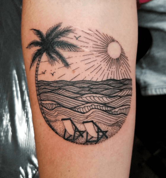 Rising Sun Tattoo With Tree and Birds