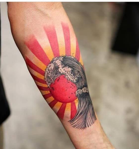 Rising Sun With Waves Tattoo Designs on Sleeve