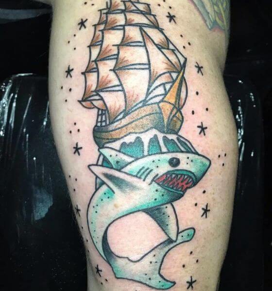 Ship with Shark Tattoo Design