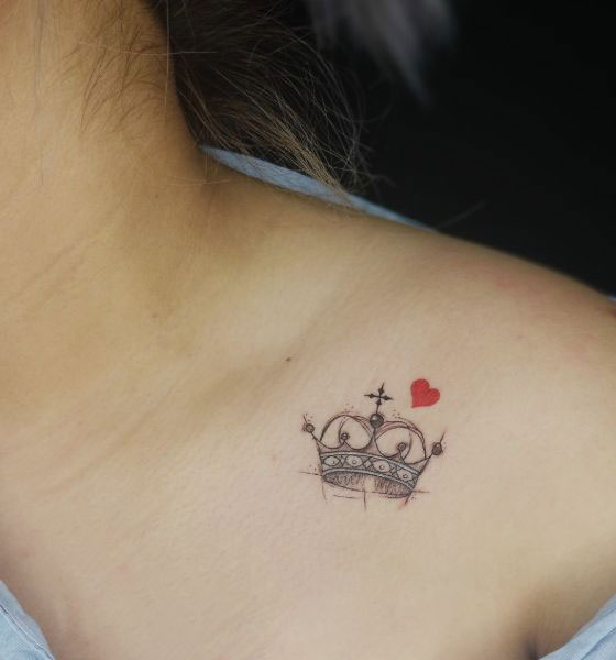 Simplistic Crown Tattoo on Collarbone