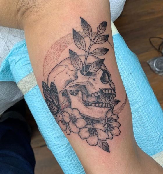 Skull and Flower Tattoo Design on Inner Bicep