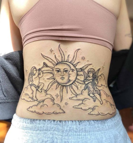 Sun and Cloud Tattoo on Lower Back
