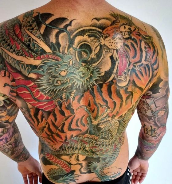 Traditional Japanese Dragon and Tiger Tattoo Designs on Full Back