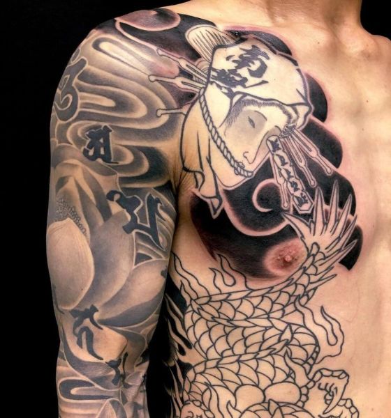 Traditional Japanese Geisha with Dragon Tattoo Designs