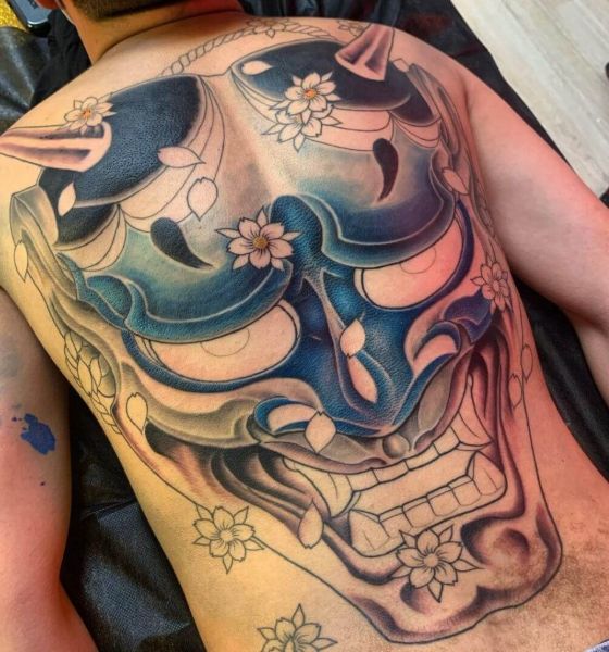 Traditional Japanese Mask Tattoo on Full Back