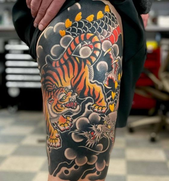 Traditional Japanese with Tiger Tattoo Designs on Thigh