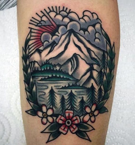 Traditional Mountain Landscape with Flower Tattoo Designs
