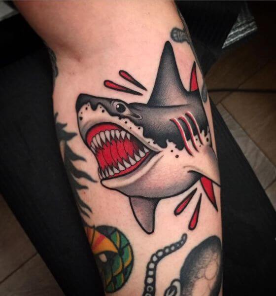 Traditional Shark Tattoo Design on Leg
