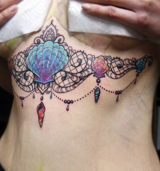 Unique Colorful Flora and Fauna Tattoo on Underboob