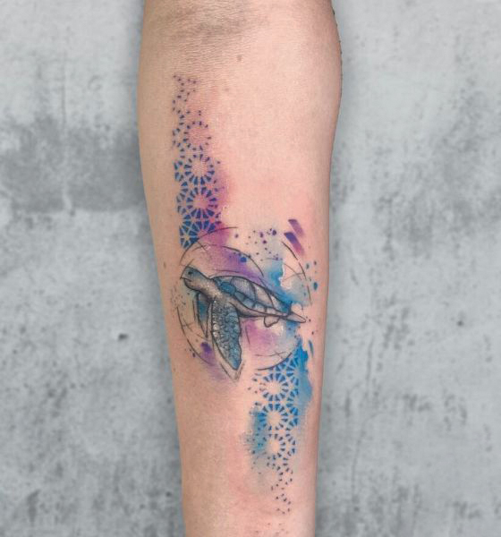 Watercolor Themed Turtle Tattoo