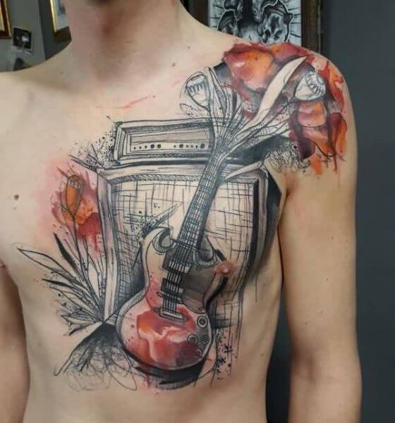 Amazing Guitar Tattoo on Chest