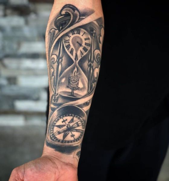 Amazing Hourglass With Clock Tattoo on Sleeve