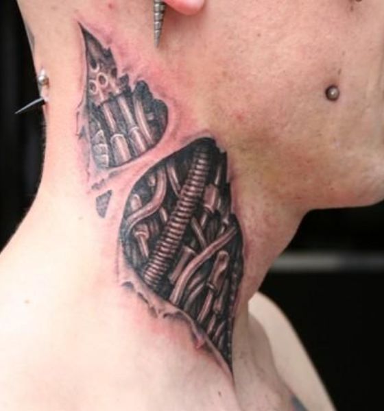 Biomechanical Pieces on Neck Tattoo