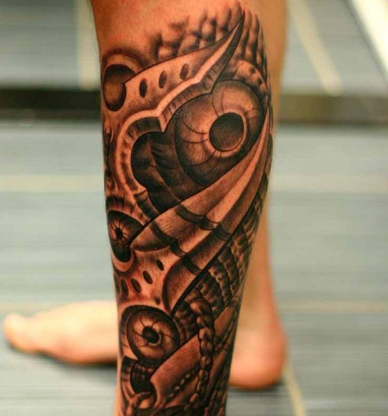 bio mechanical leg piece tattoo