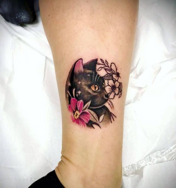 Black Cat Tattoo with Flower
