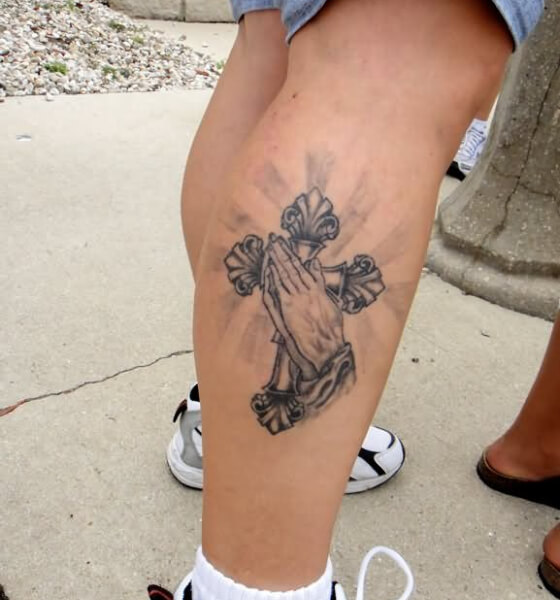 Cross with Praying Hands Tattoo on Calf