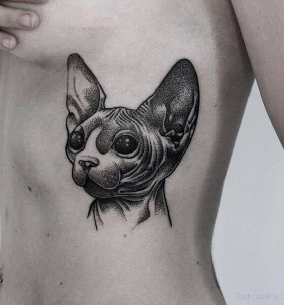 Cute Black Cat Tattoo On Rib