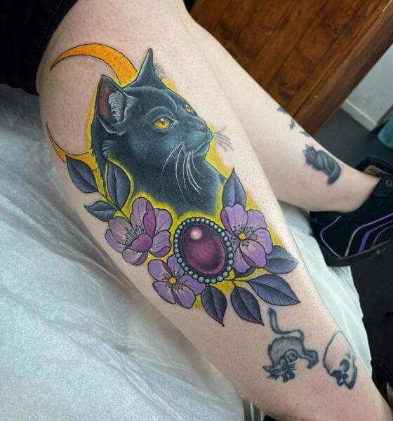 Floral Black Cat Tattoo on Leg
