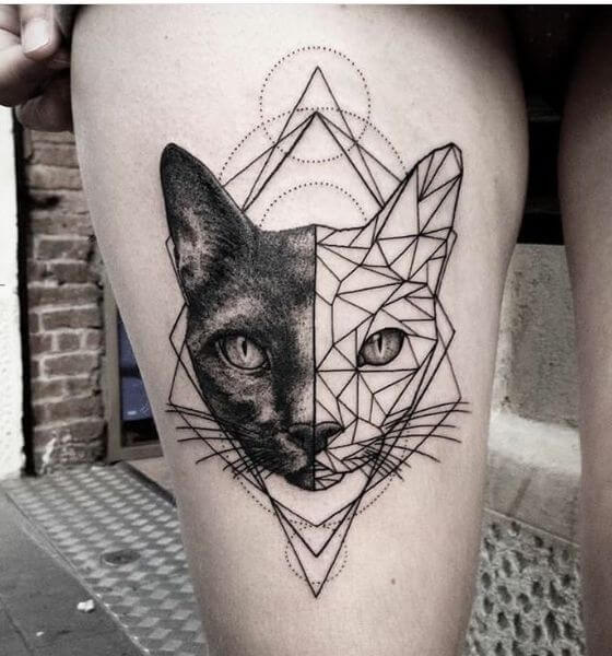 Geometric Cat Tattoo Design on Thigh