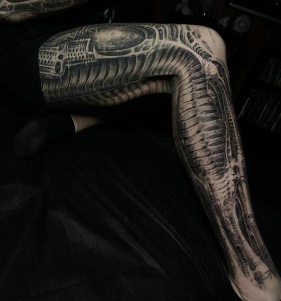 Leg Skeleton Mechanic Tattoo Design
