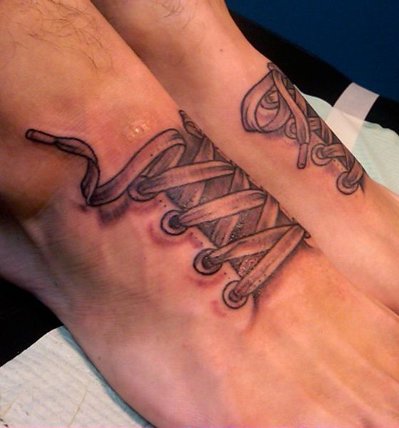 Mechanical Shoelaces Tattoo Design on foot