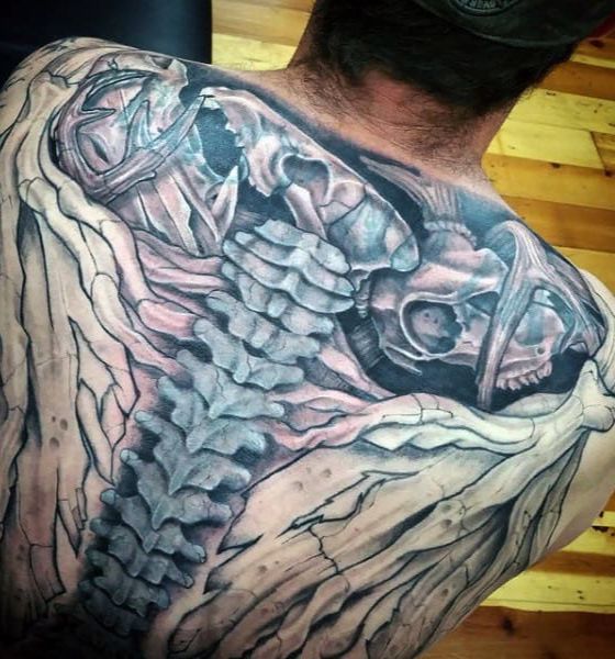 Mechanical Wings and Spine Tattoo Design on Back