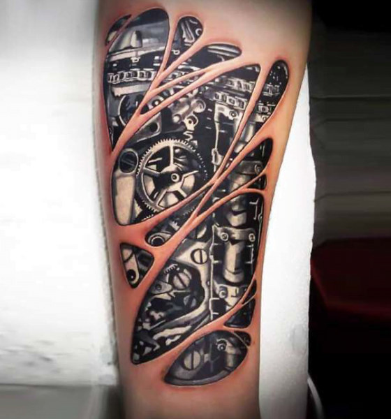 Multiple Gears and Rods Ripped Skin Tattoo