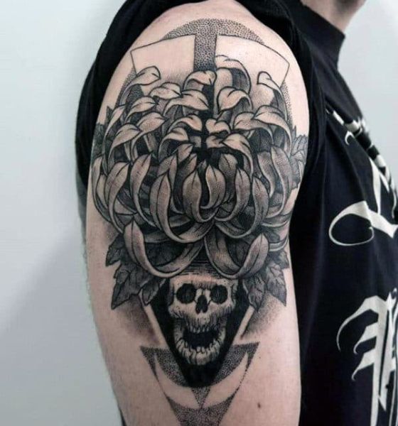 Skull and Chrysanthemum Flower Tattoo Design