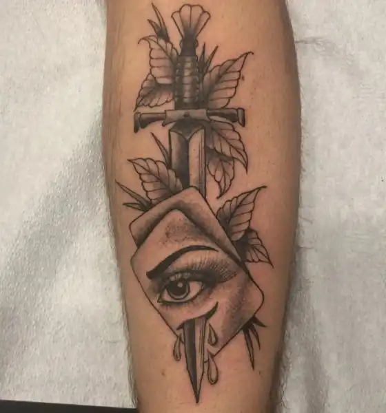 Sword with Eye Tattoo on Calf
