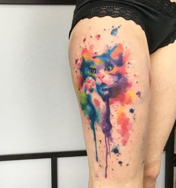 Watercolor Cat Tattoo on Thigh