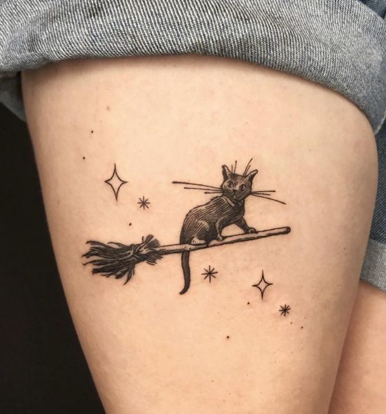 Witchcraft Cat Tattoo on Thigh