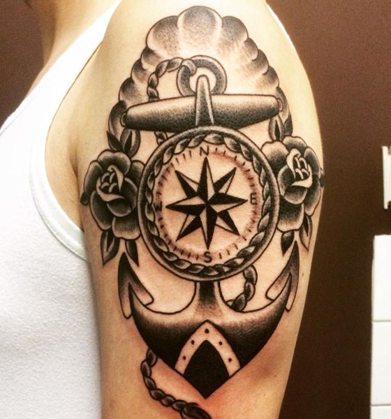 Anchor Compass Tattoo on Shoulder