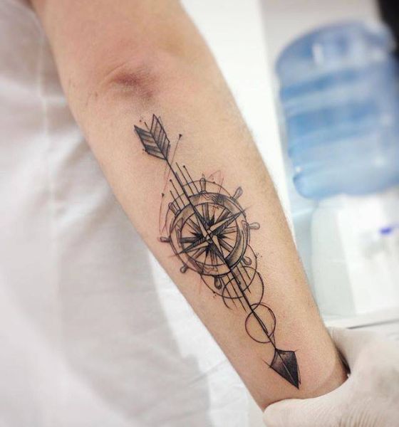 Arrow with Compass Tattoo on Arm