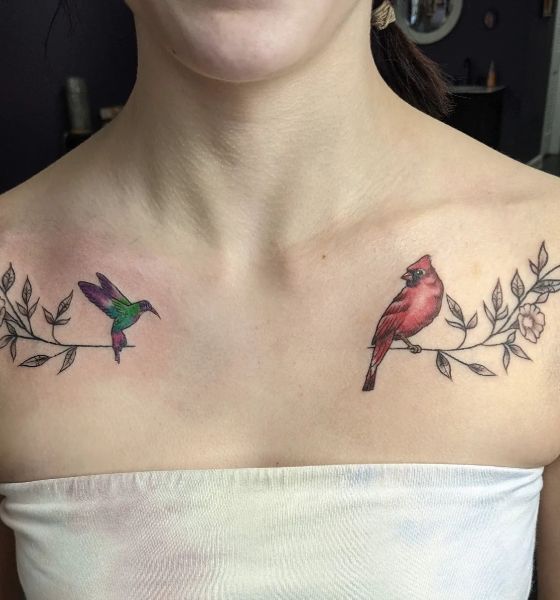 Bird with Floral Collarbone Tattoo