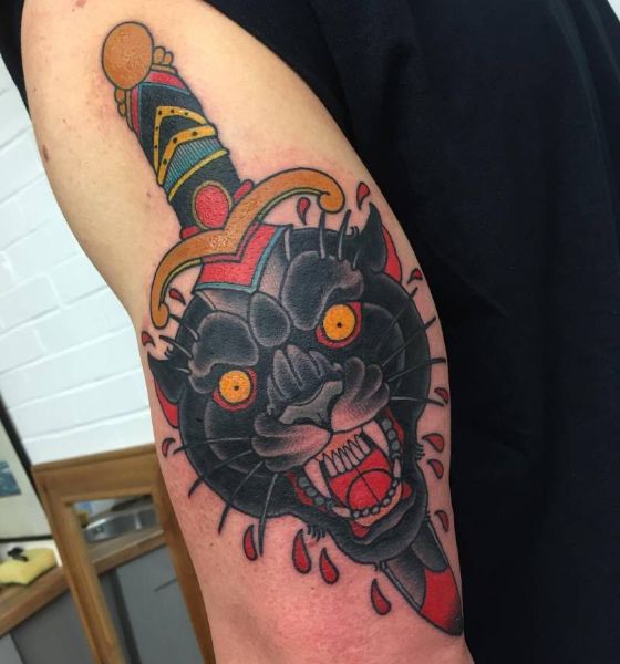 Black Panther With Knife Tattoo