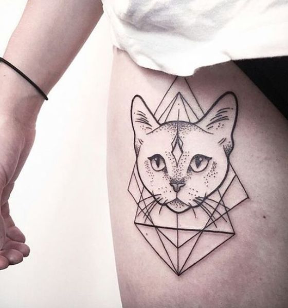 Cat Geometric Tattoo on Thigh