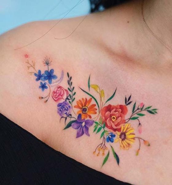 Colorful Floral Tattoo on Collarbone