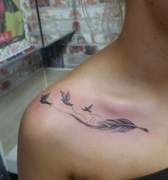 Feather Tattoo on the Collarbone