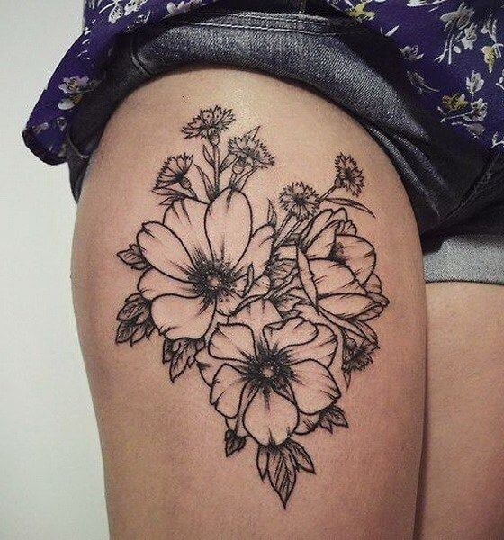 Flower Outline Tattoo on Thigh