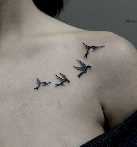 Flying Birds Tattoo on Collarbone