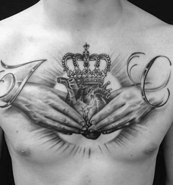 Heart with Crown Tattoo on Chest